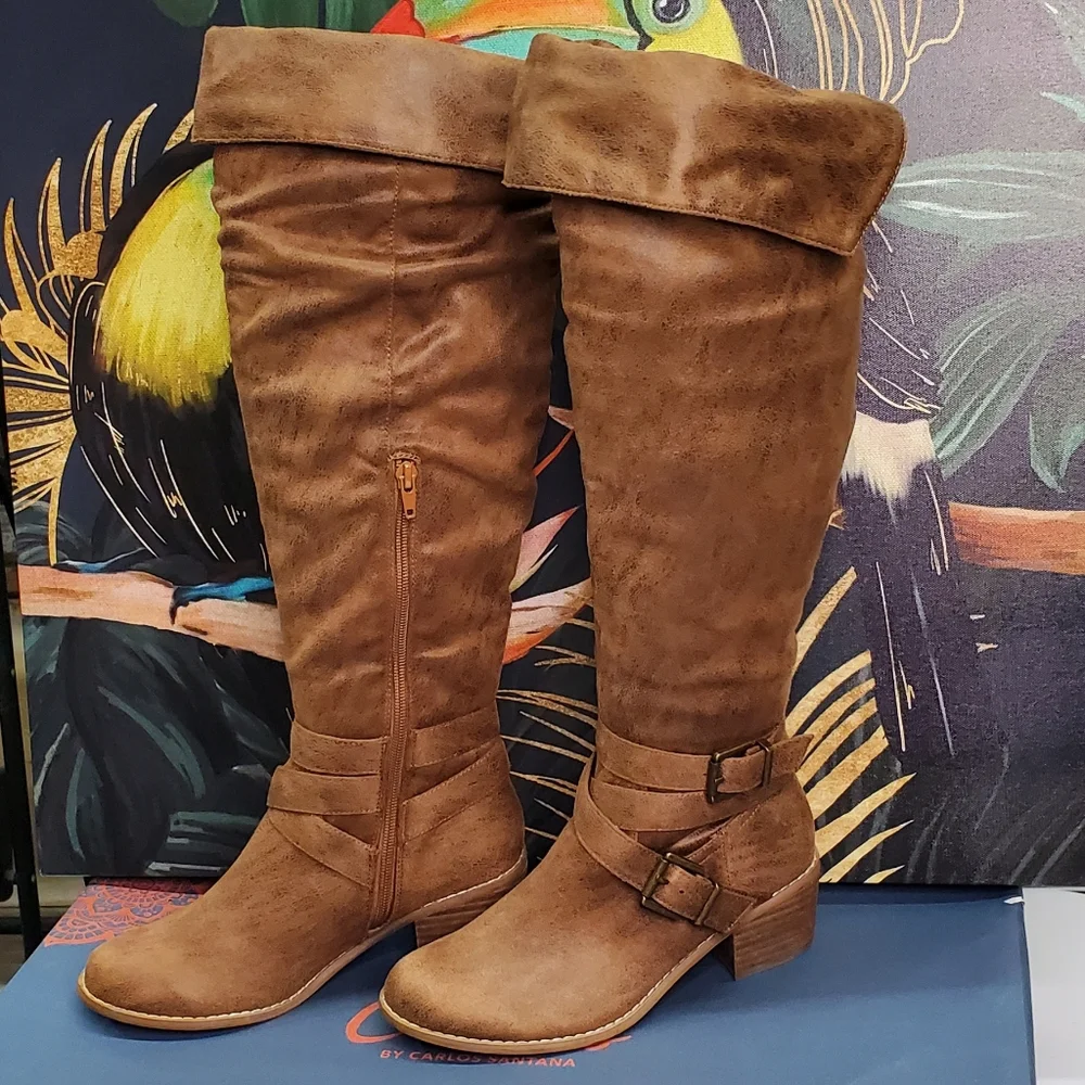 Women’s Brown Knee-High Buckle Boots #7004